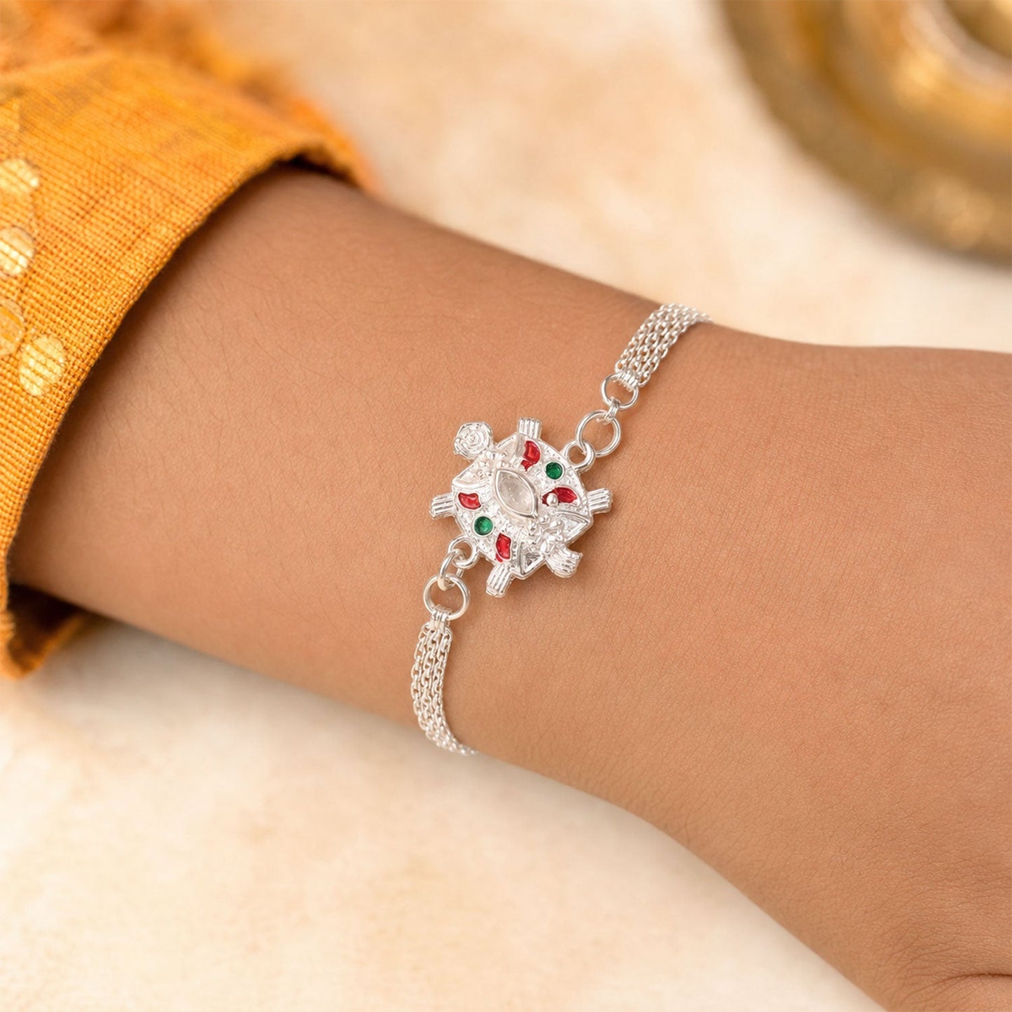 Turtle Rakhi Silver Finish with Enamel Highlights (10pcs)