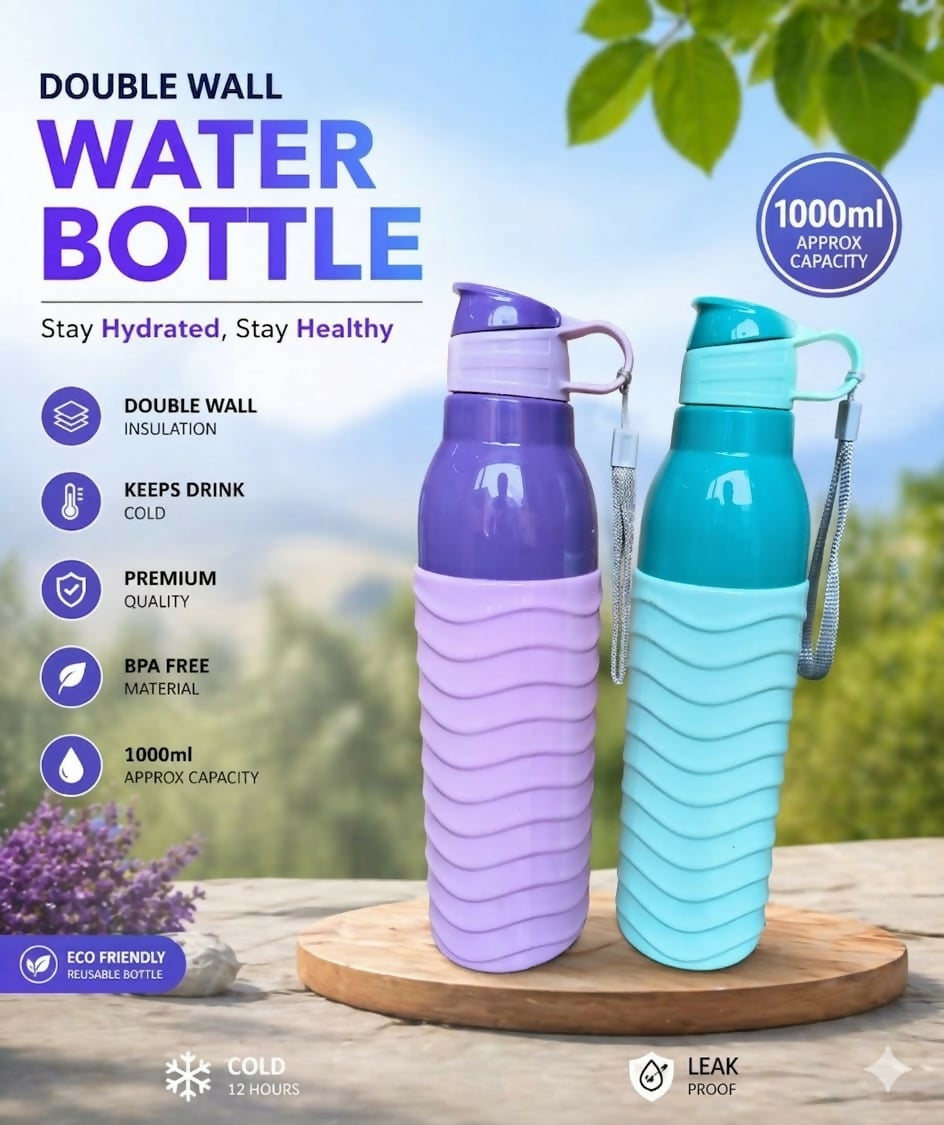 Kohinoor 1000ml double wall insulated water bottle with textured grip in purple