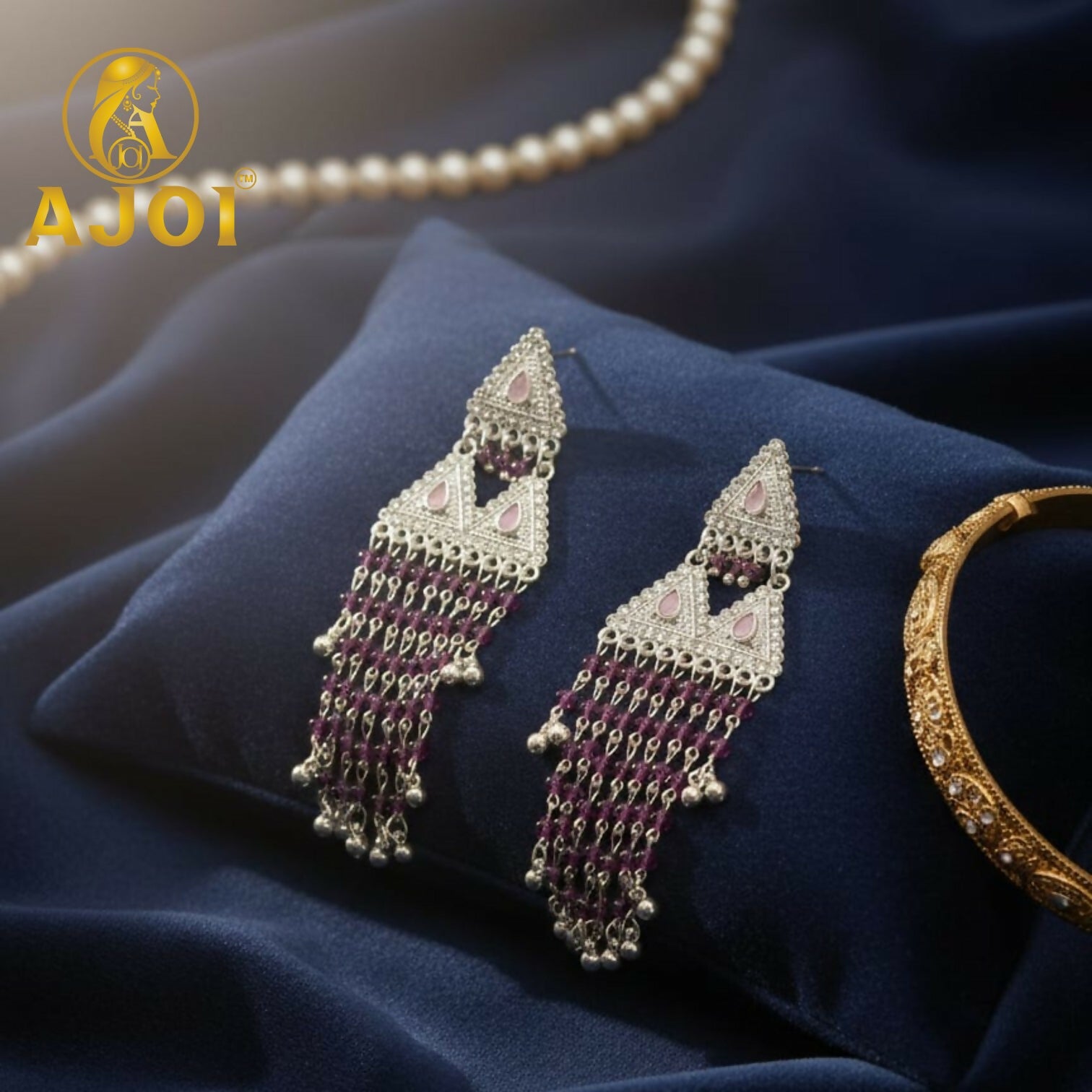 Royal Amethyst Drop Silver Designer Statement Earrings with Elegant Tassel Finish