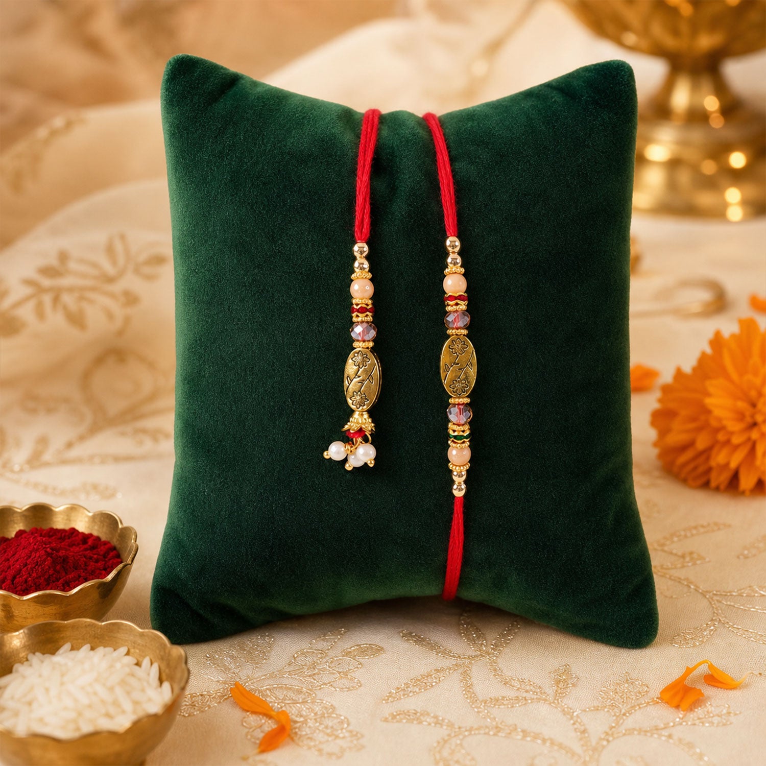 Circular Medallion Bhai Bhabhi Rakhi with Oval Medallion and Floral Tassel for Gift