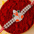 Silver-Toned Bal Ganesha Rakhi with Orange-Green Enamel, Double Crystal Chain & Red-White Thread