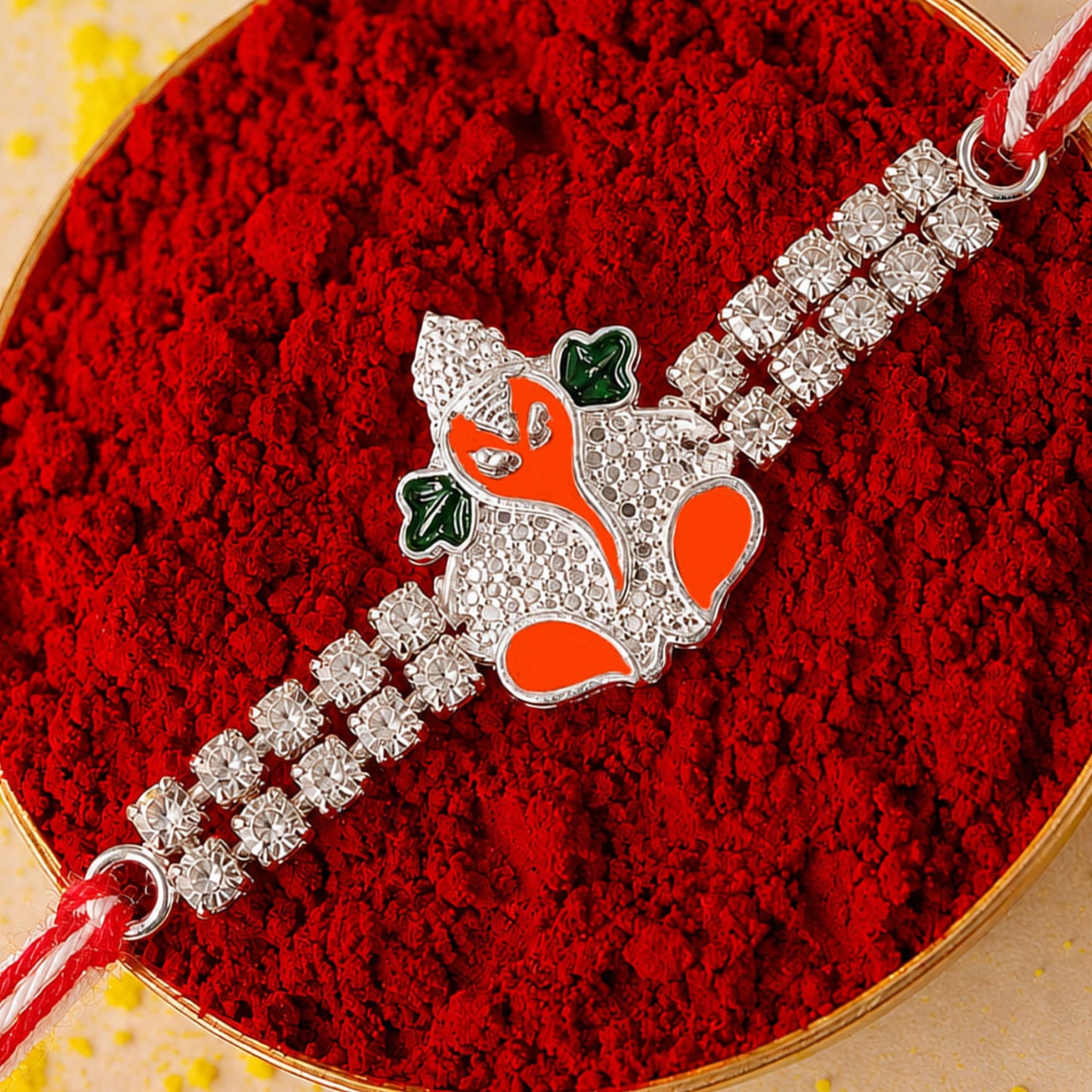 Silver-Toned Bal Ganesha Rakhi with Orange-Green Enamel, Double Crystal Chain & Red-White Thread