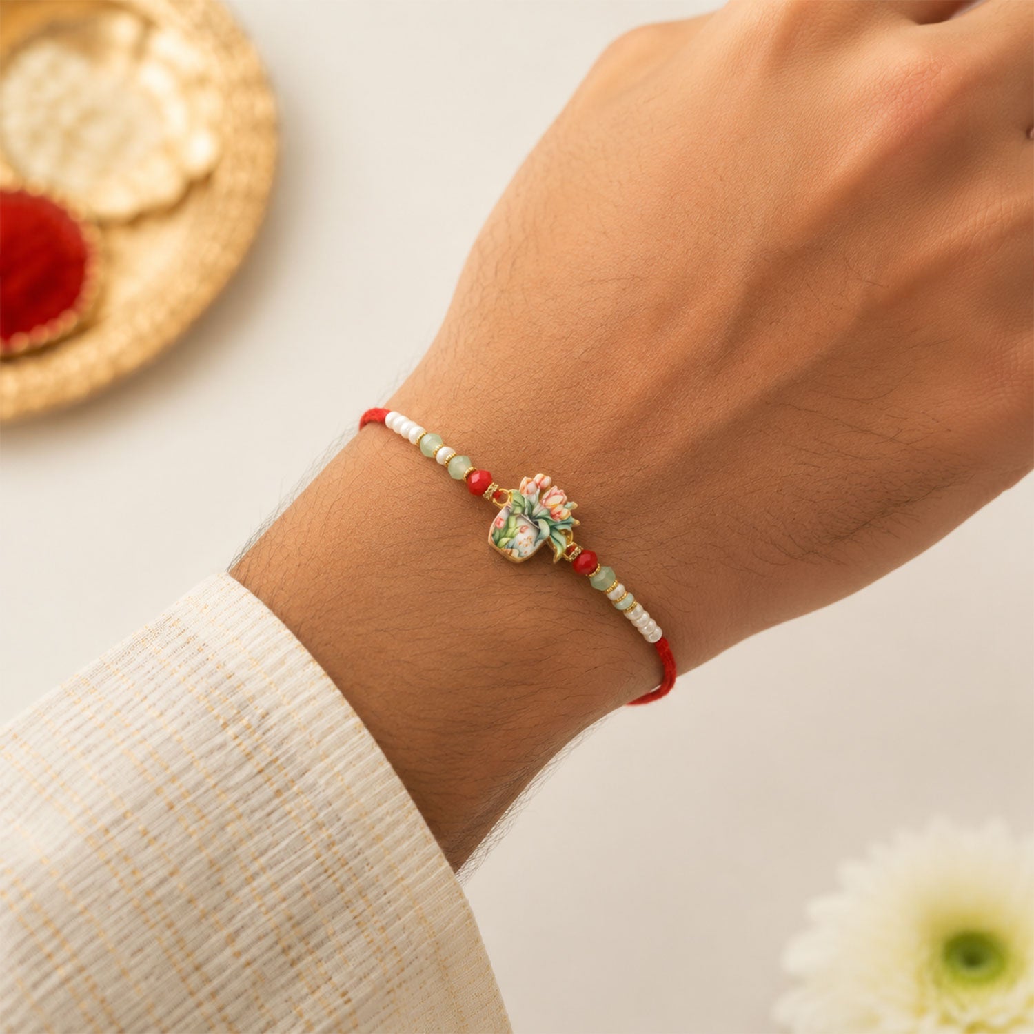 Designer Floral Bhaiya Bhabhi Rakhi Set with Pearl Beads and Lumba Bracelet