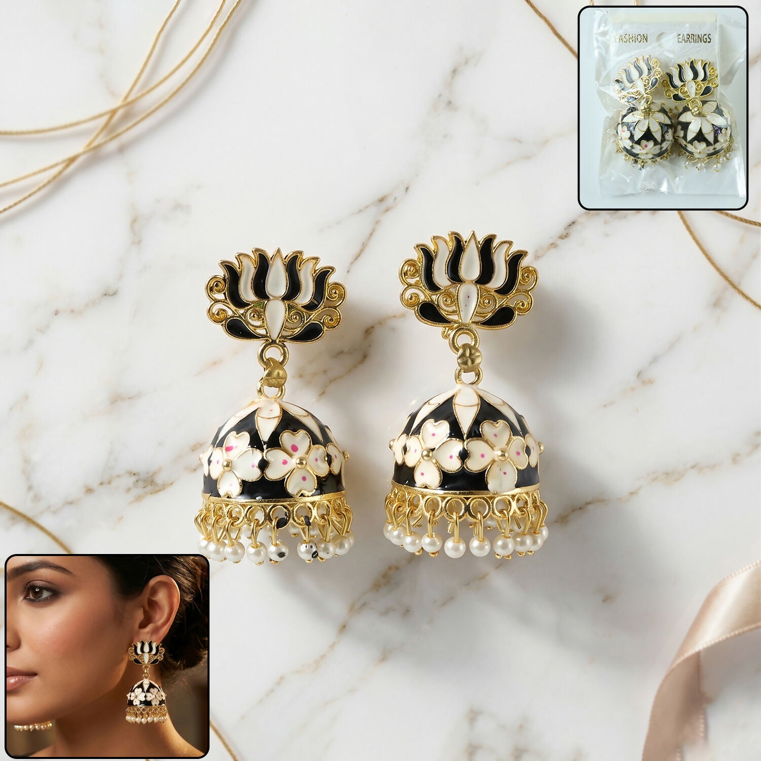 Classic Black Lotus Jhumka Earrings with Pearl Drops