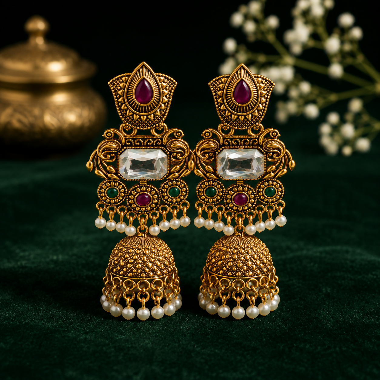 Side view of gold plated Kundan jhumka earrings with pearl drops