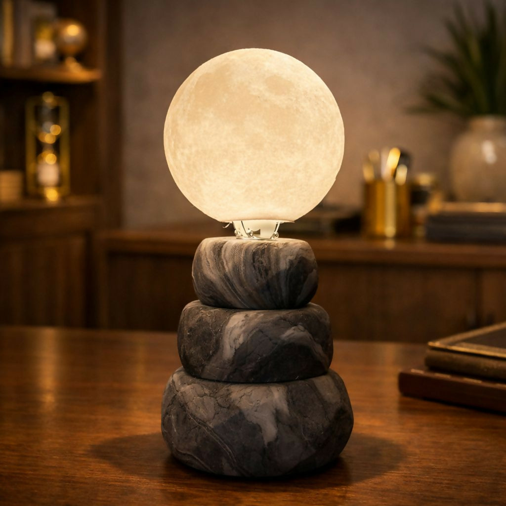 Moon Light Lamp on stone base glowing softly