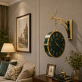 Luxury Double Sided Hanging Wall Clock with Deer Head Decor, Green Dial