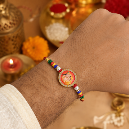 Radha Krishna Rakhi for Brother Photo Round Beaded Design (5pcs)