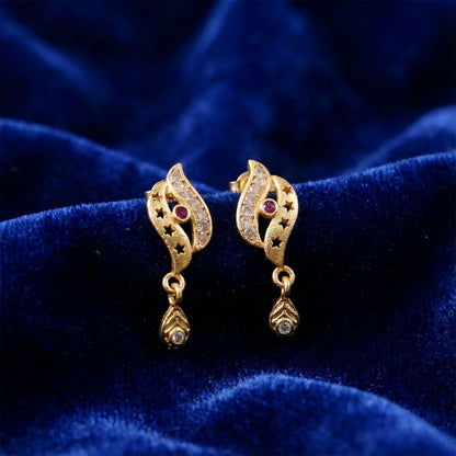 Star Cut Pattern Gold Finish Earrings With Crystal Detailing And Teardrop Charm