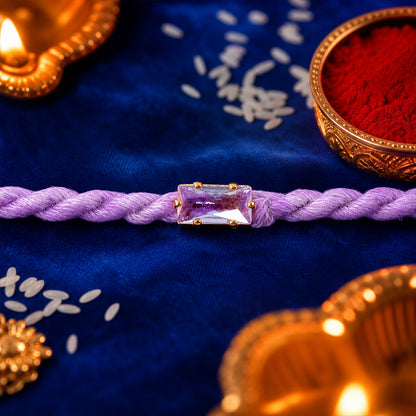 Purple Twisted Cord Rakhi with Rectangular Crystal Stone Pendant