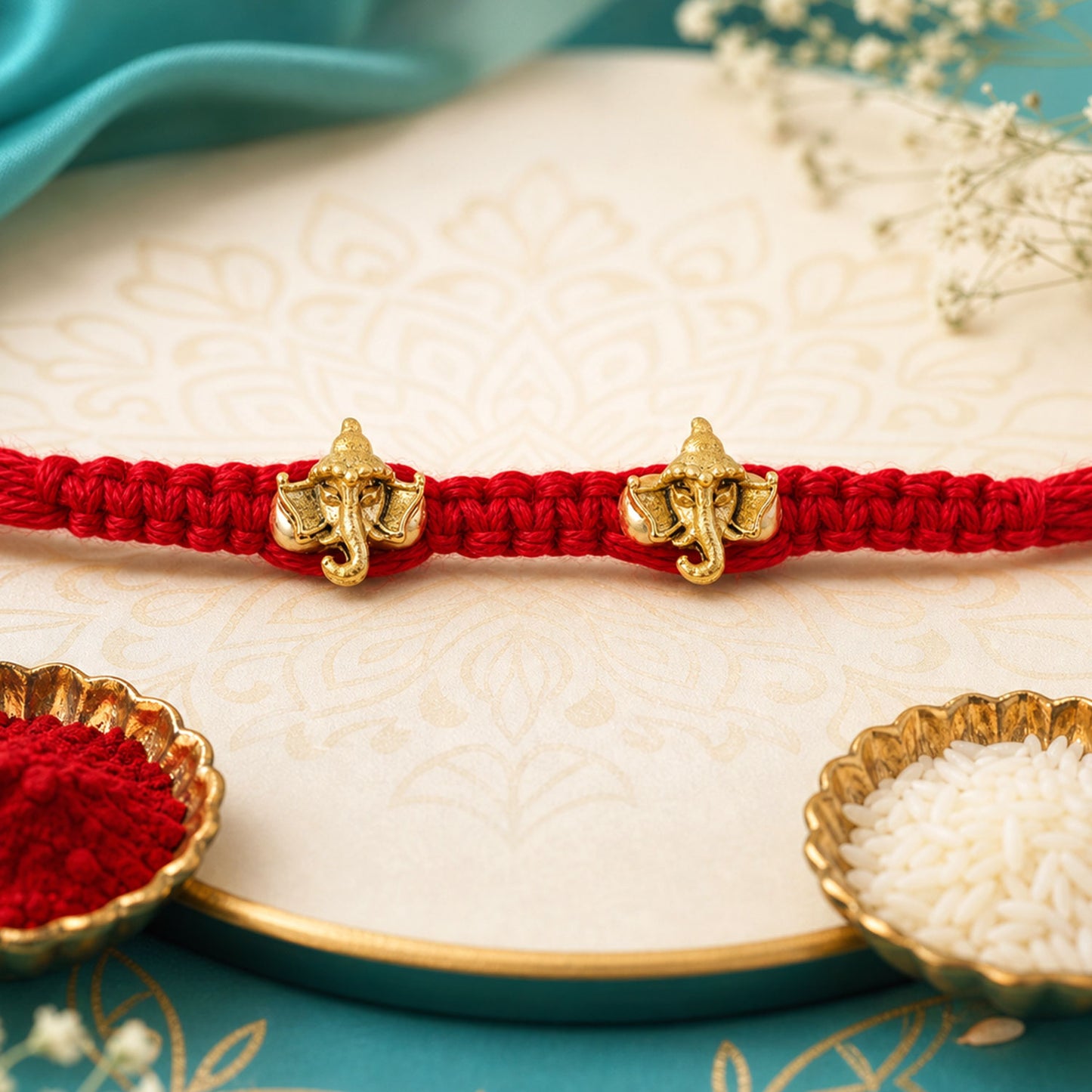 Red Thread Rakhi with Twin Antique Gold Ganesha Shaped Charms