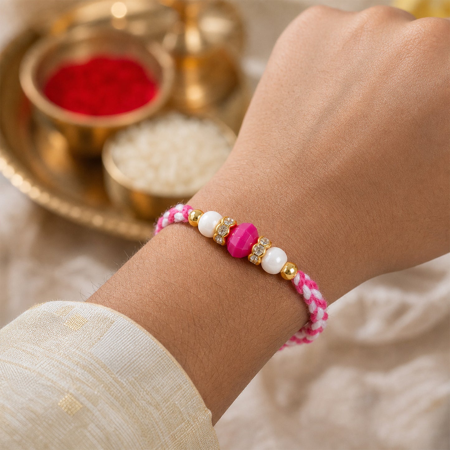 Pink-White Braided Rakhi with Rose-Pink Stone Bead Pendant