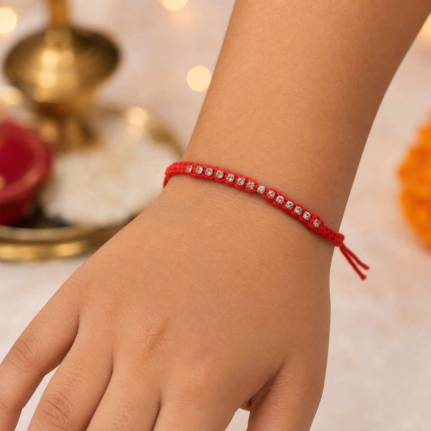 Red Thread Rakhi with a Row of Sparkling Crystal Rhinestone Beads
