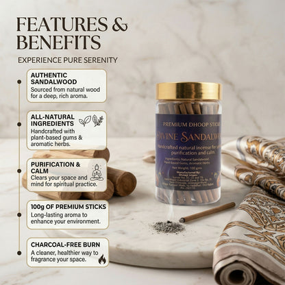 Divine Sandalwood Premium Dhoop Sticks Natural Incense Sticks for Spiritual Purification Long Lasting Aroma (100Gm)