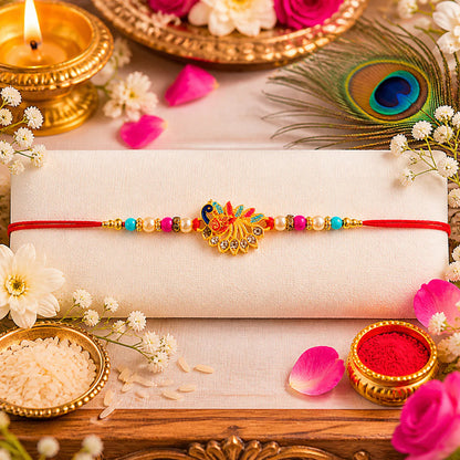 Peacock Rakhi Elegant Stone Detailing with Red Thread (5pcs)