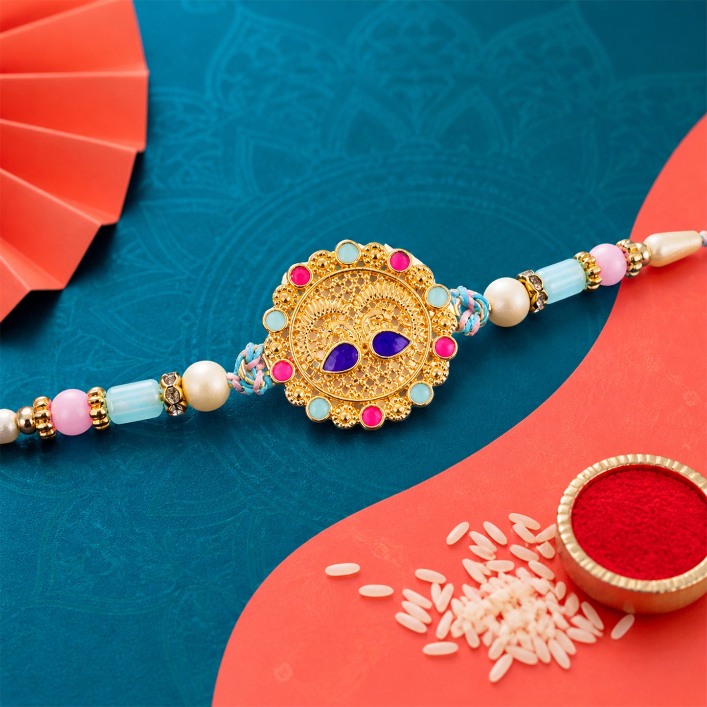 Gold Sunburst Kundan Pendant Rakhi with Pastel Beads