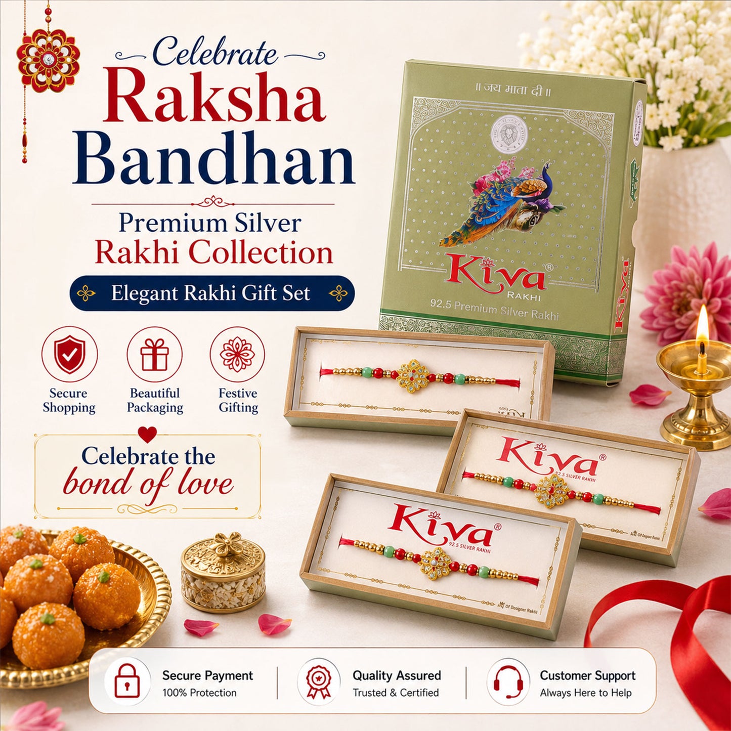 Floral Premium Clover Meenakari Rakhi for Brother, Turquoise Beads