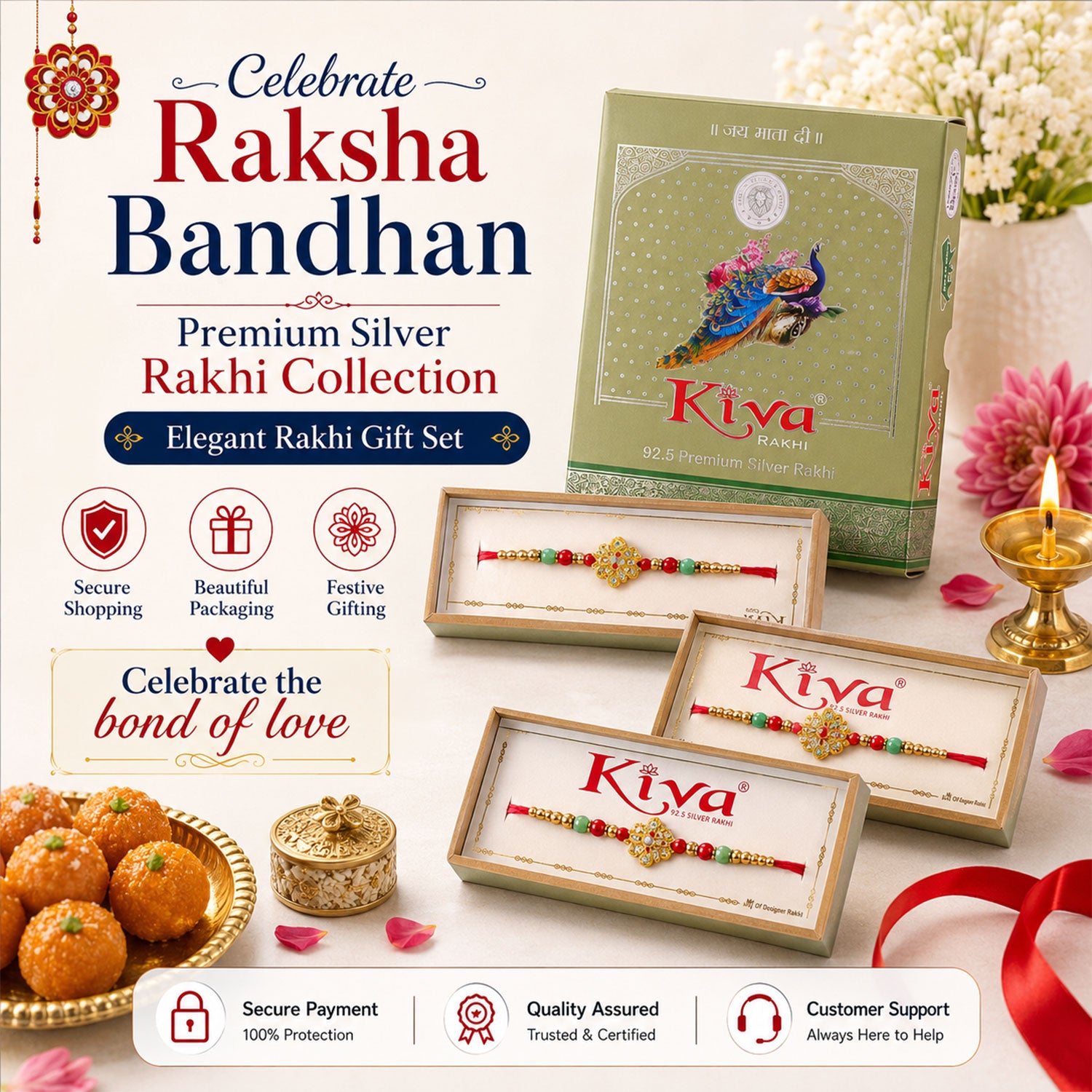 Floral Premium Clover Meenakari Rakhi for Brother, Turquoise Beads