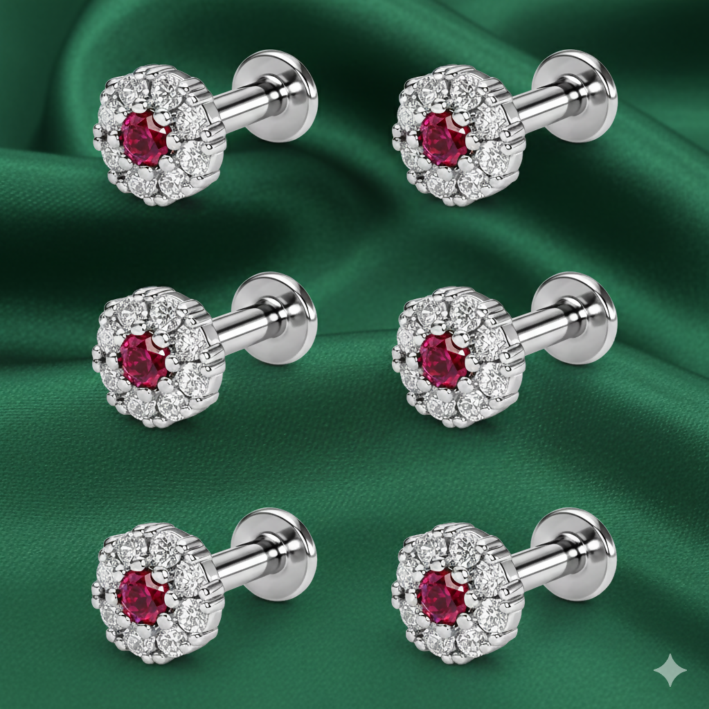 Close-up of ruby halo earrings highlighting flat-back post for comfortable wear