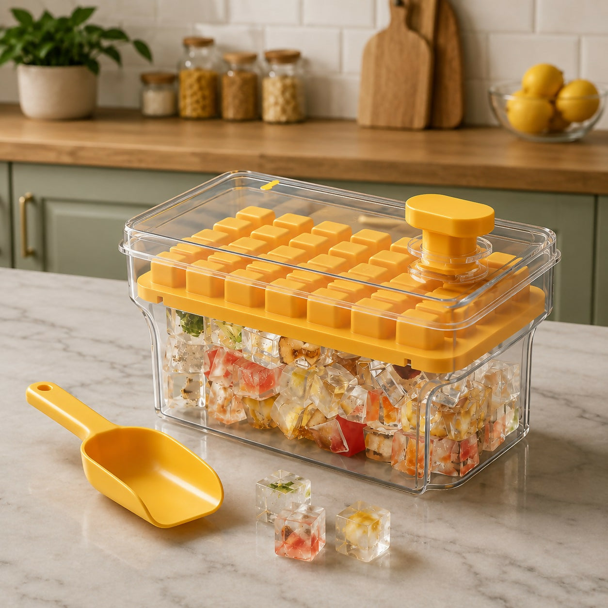 Yellow ice cube tray box with lid and scoop