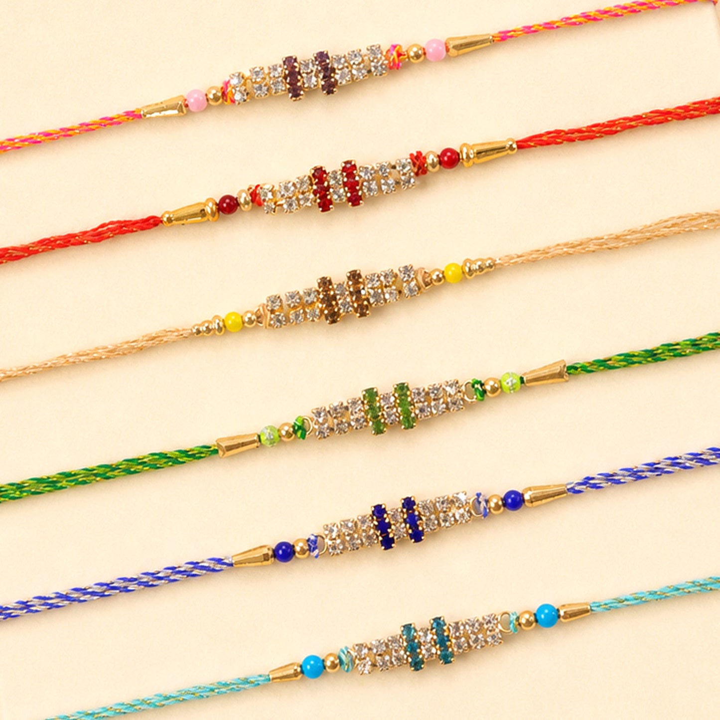 Twin Stone Band Rakhi in Mix Colour Silk Threads (Pack of 6)