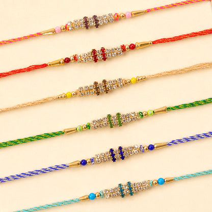 Twin Stone Band Rakhi in Mix Colour Silk Threads (Pack of 6)