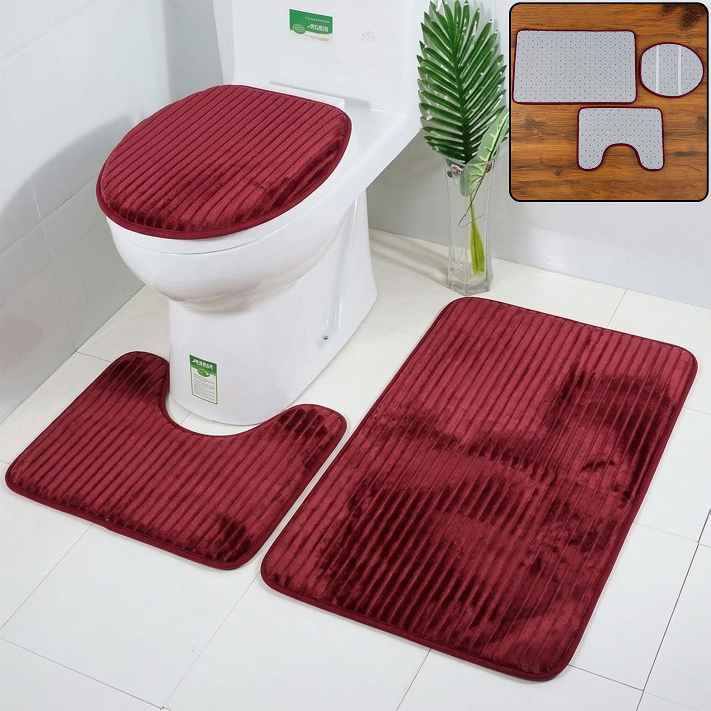 3 In 1 Anti Slip Bathroom Mat Set with Contour Mat and Lid Cover (3 Pc Set / Mix Color)