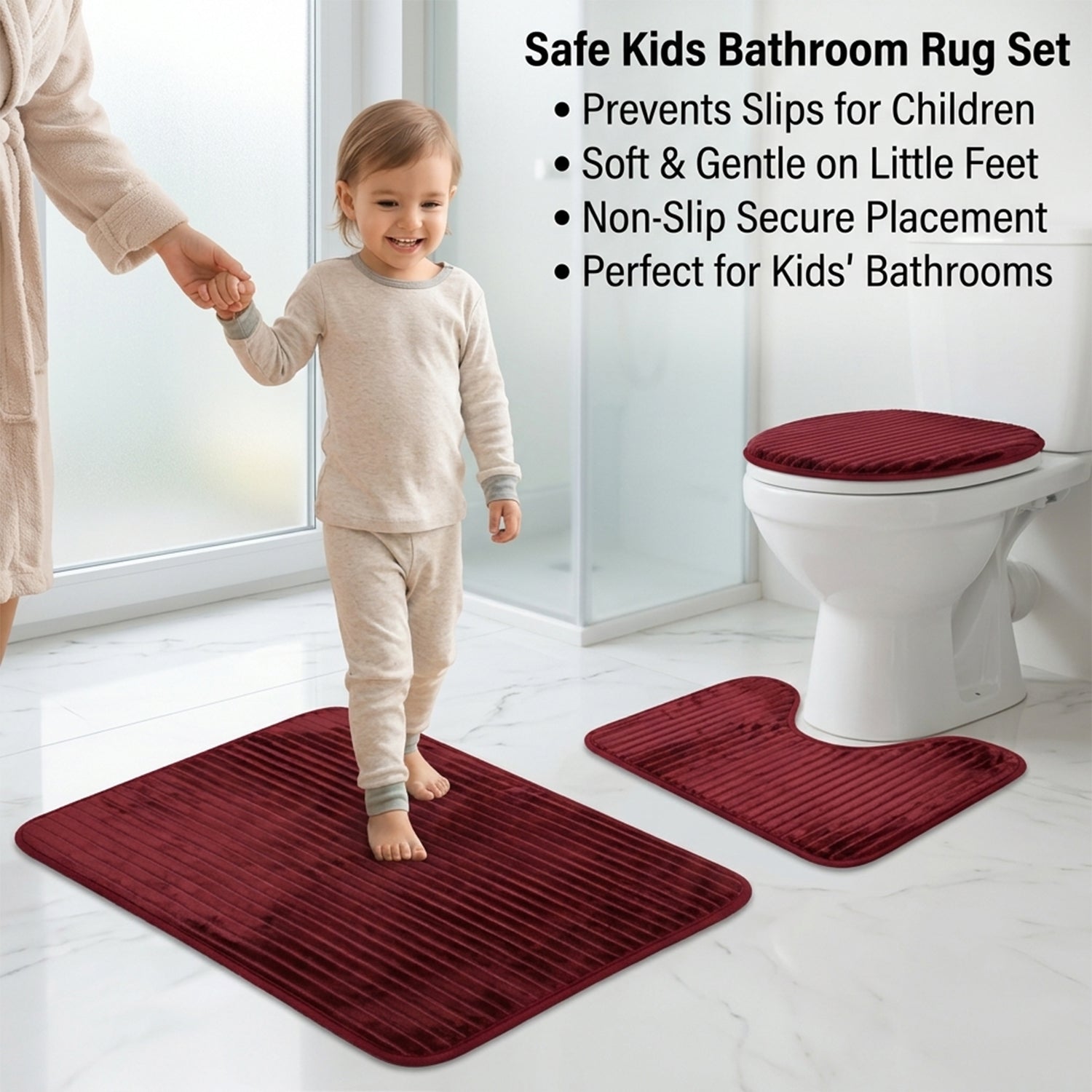 3 In 1 Anti Slip Bathroom Mat Set with Contour Mat and Lid Cover (3 Pc Set / Mix Color)