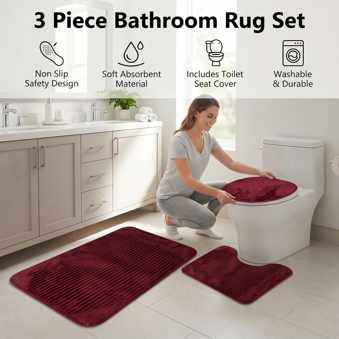 3 In 1 Anti Slip Bathroom Mat Set with Contour Mat and Lid Cover (3 Pc Set / Mix Color)