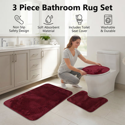 3 In 1 Anti Slip Bathroom Mat Set with Contour Mat and Lid Cover (3 Pc Set / Mix Color)