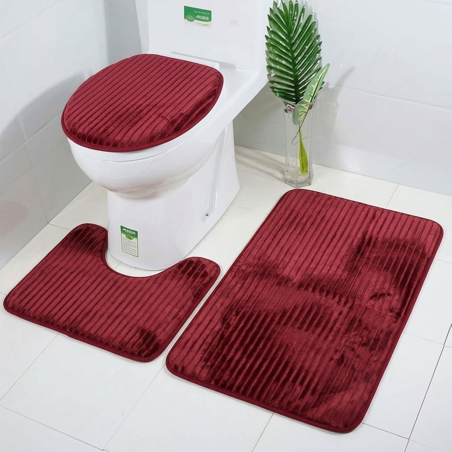 3 In 1 Anti Slip Bathroom Mat Set with Contour Mat and Lid Cover (3 Pc Set / Mix Color)