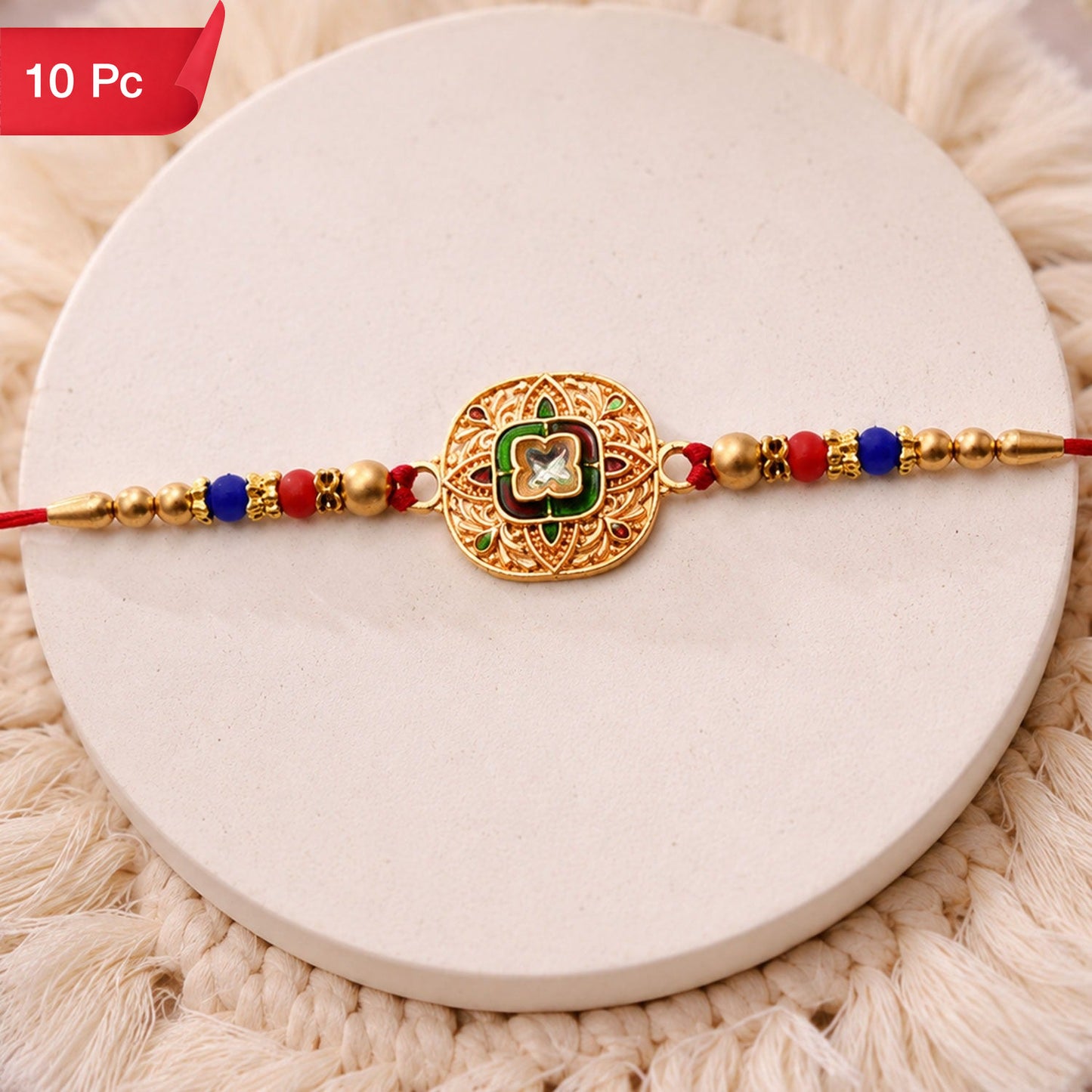 Kundan Rakhi Traditional Antique Gold Finish with Multicolor Beads (10pcs)
