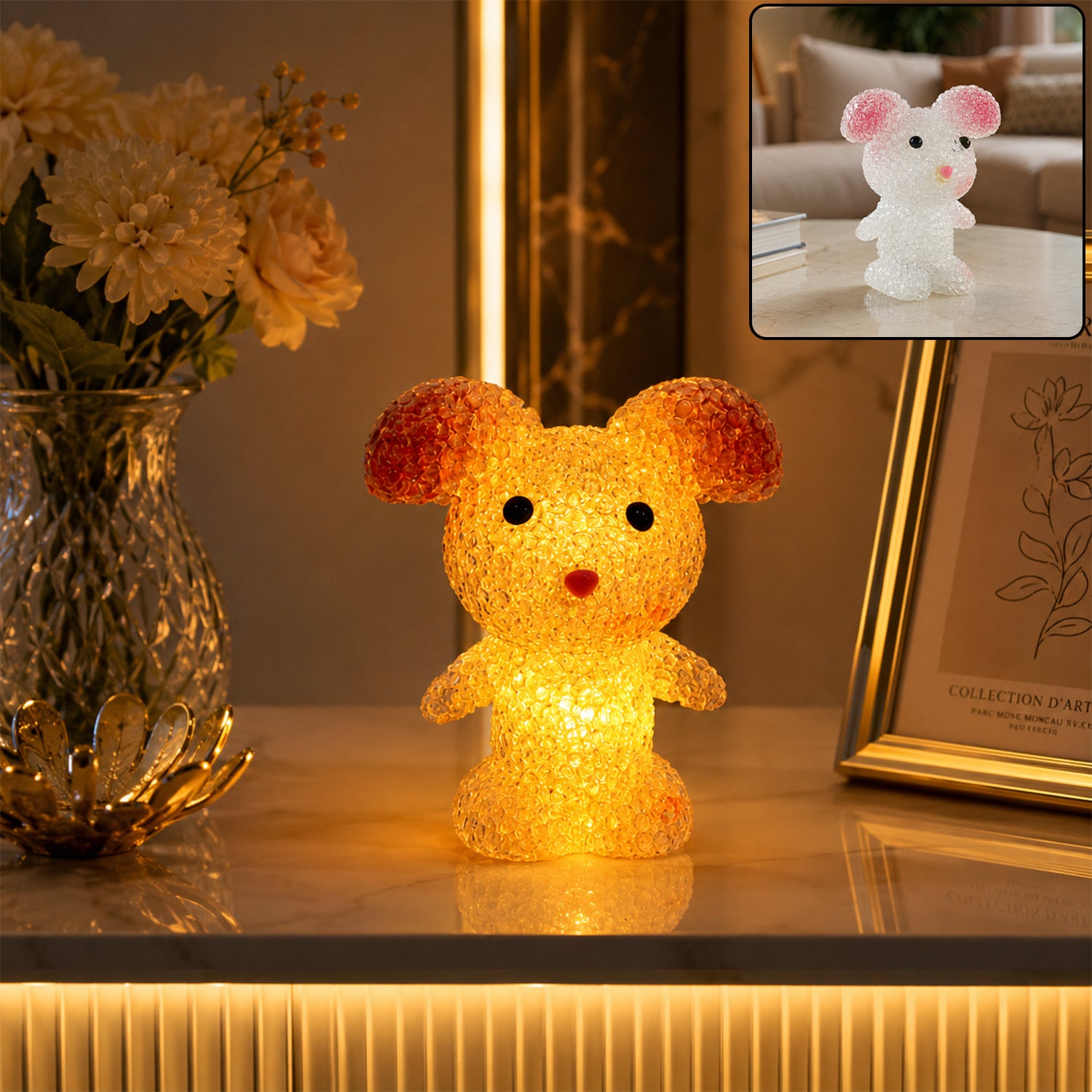 Cartoon Mouse Shape LED Night Lamp Crystal Texture Warm Glow