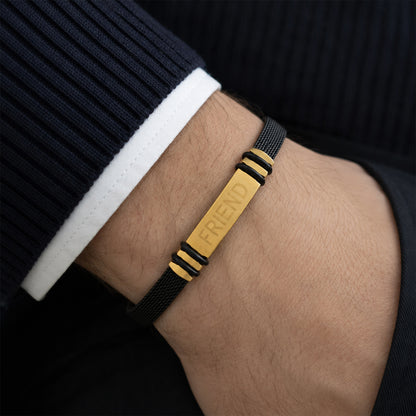 FRIEND Bracelet Rakhi with Black Band and Gold Name Plate for Raksha Bandhan Gift