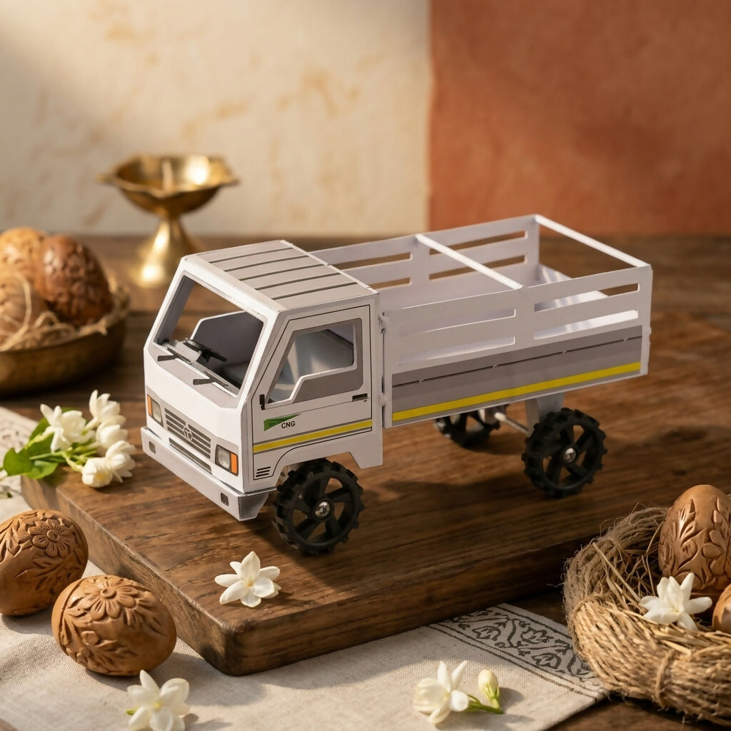 Handcrafted white metal kids cargo truck toy with black wheels