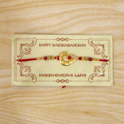 Peacock Feather Rakhi, Golden & Kundan Detailed Red Thread (5pcs)