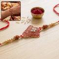 Red Heart Meenakari Rakhi – Elegant Pearl & Gold Bead Design