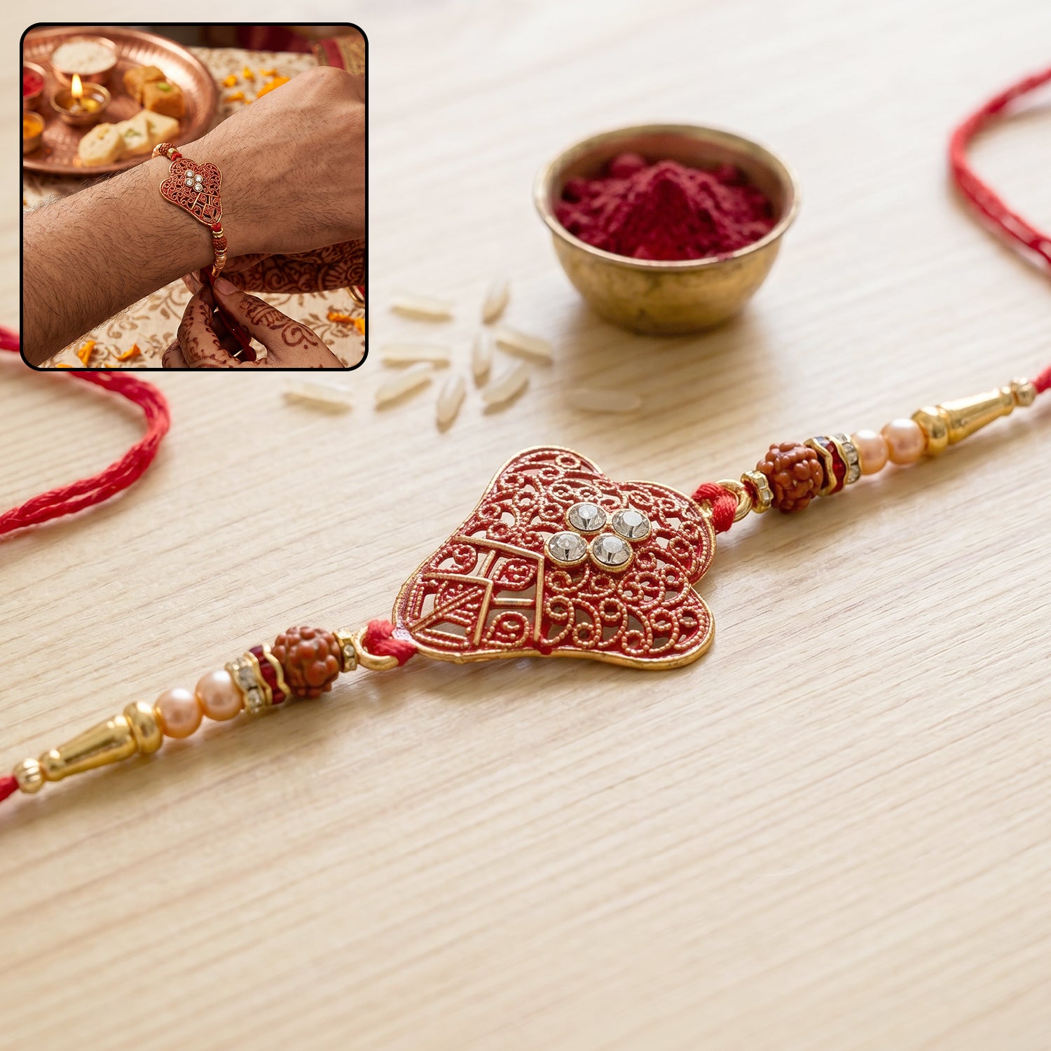 Red Heart Meenakari Rakhi with Pearl Chain and Gold Beads