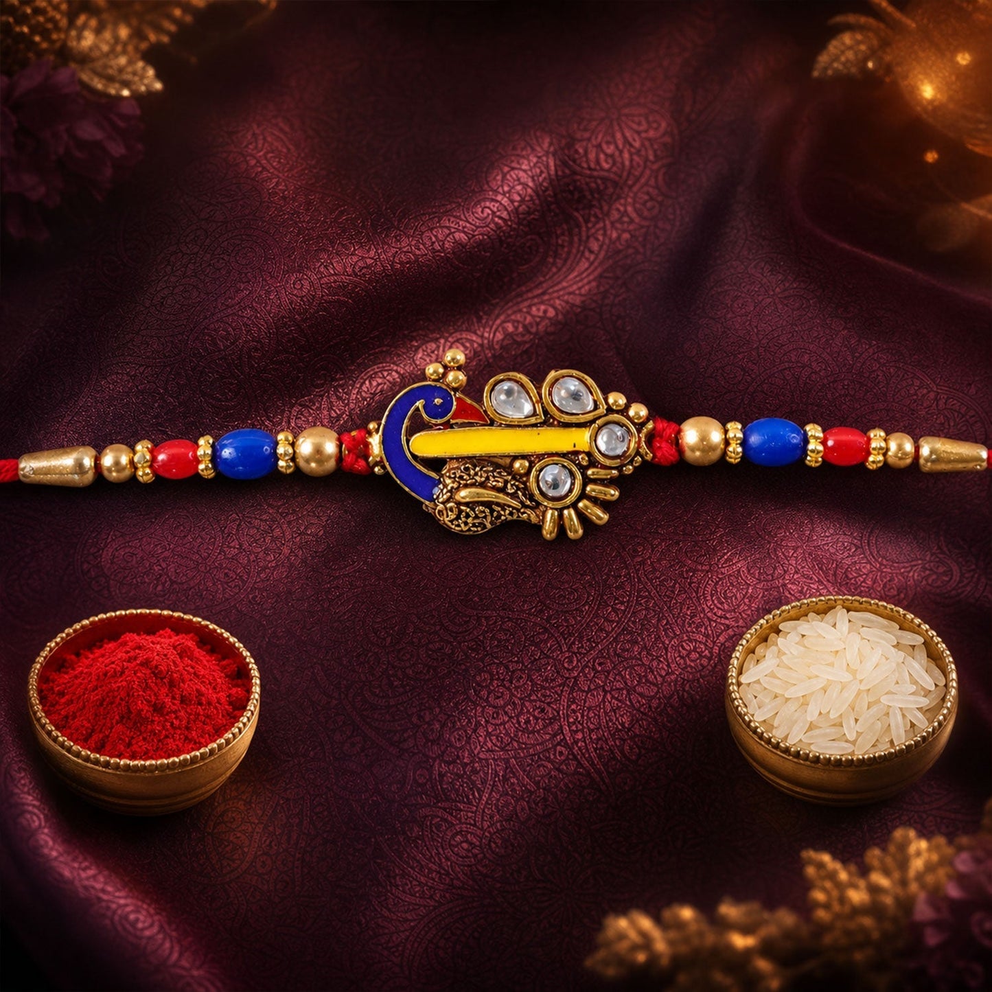 Paisley Peacock Kundan Beaded Rakhi for Brother (10pcs)