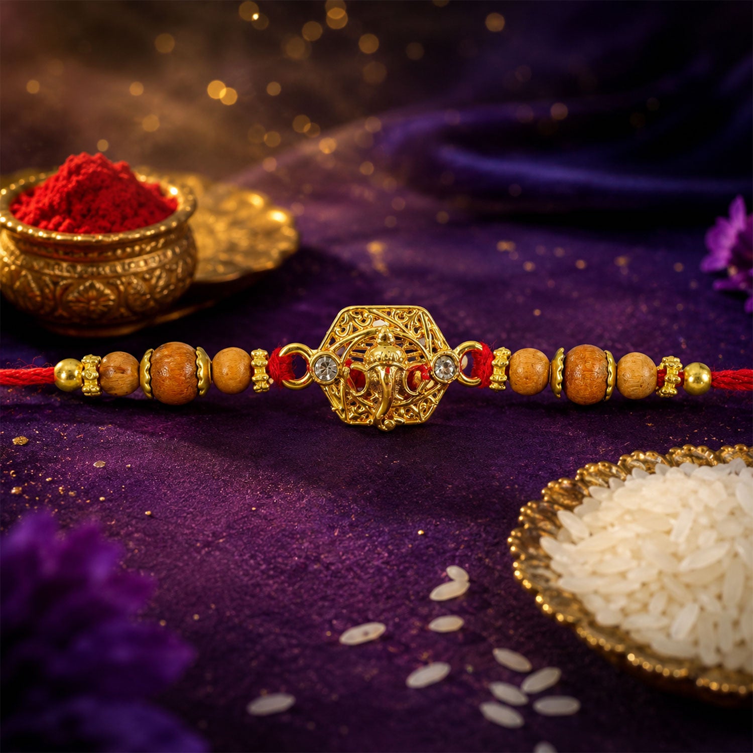 Ganesh Temple Devotional Rakhi with Golden Centre, Wooden Beads and Red Thread