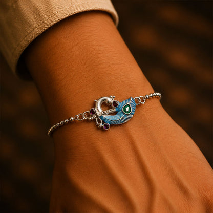 Silver Peacock Enamel Bracelet Elegant Festive Accessory for Raksha Bandhan (5pcs)
