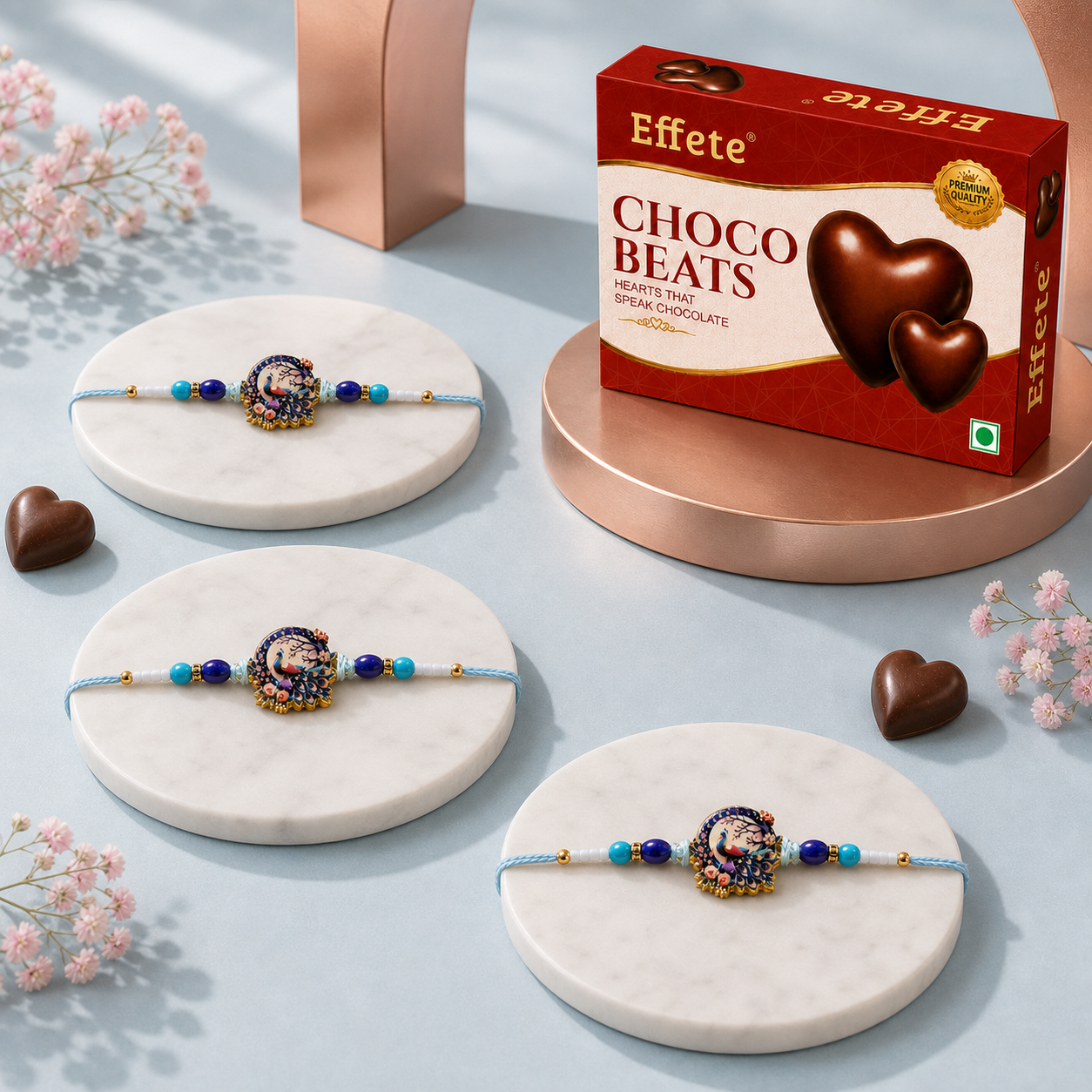 Blue Peacock Portrait Rakhi with Choco Beats, Pack of 3