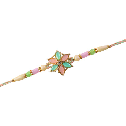 Multicolor Floral Enamel Pendant Rakhi with Pastel Beads