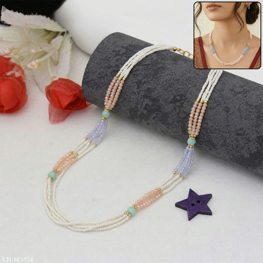 Stylish Multi-Layer Pearl Beaded Necklace with Pastel Peach, Lavender & Mint Accents