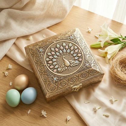 Close-up of peacock embossed lid on jewelry box