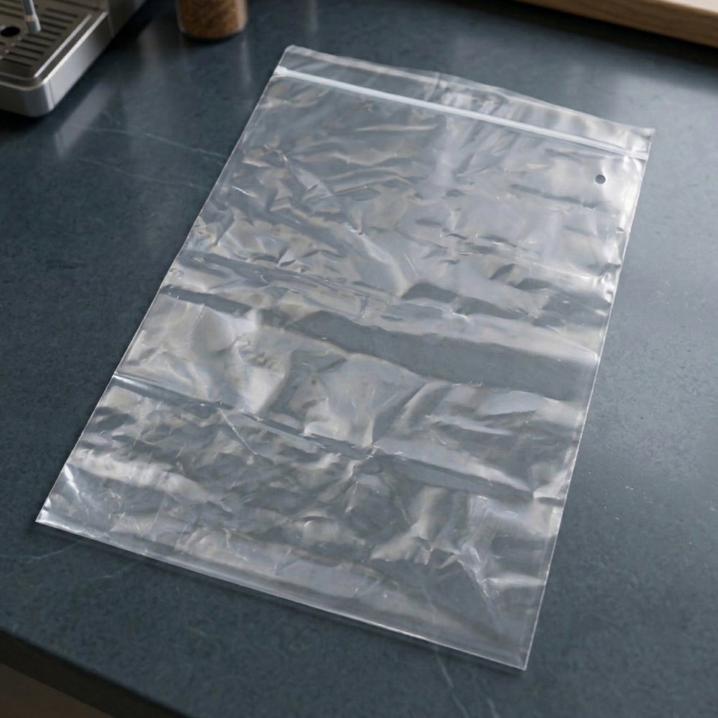 Resealable transparent zip lock bag for food storage
