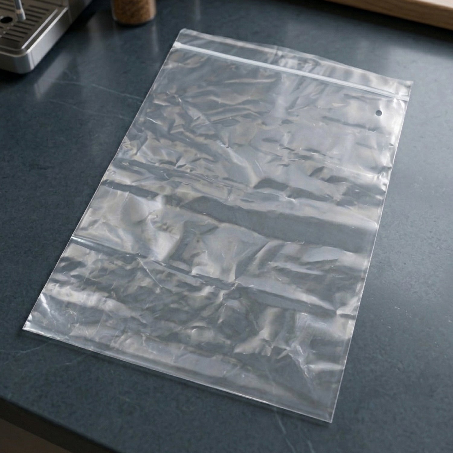 Resealable transparent zip lock bag for food storage