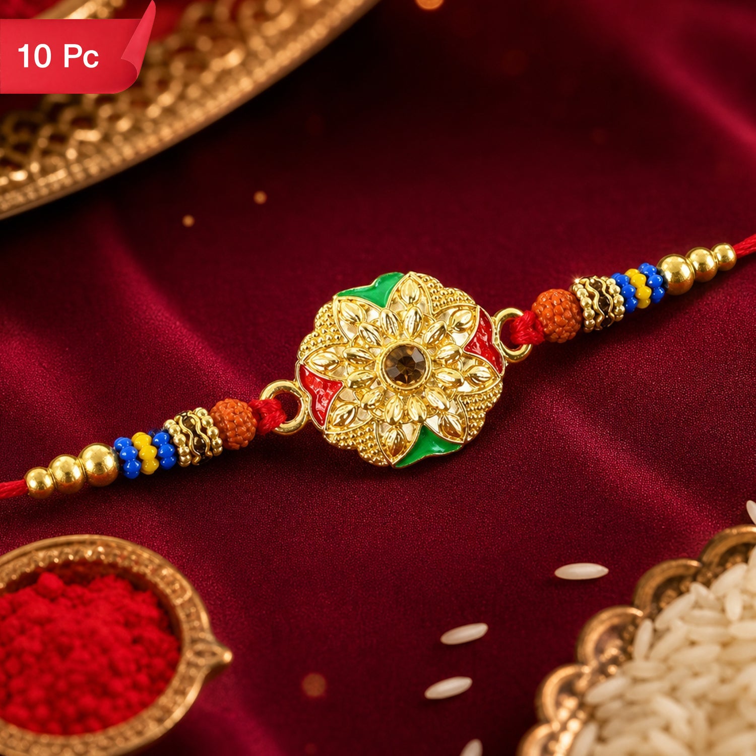 Floral Kundan Stone Designer Rakhi Set for Raksha Bandhan Special (10pcs)