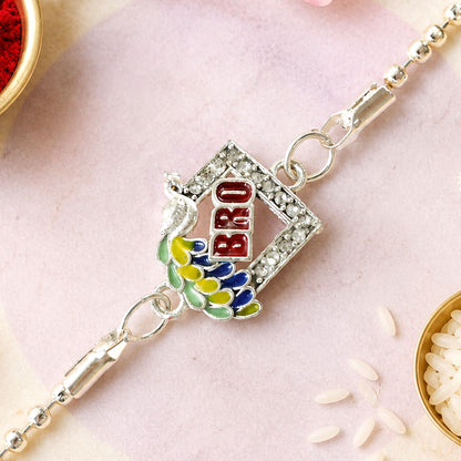 Bro Studded Square Peacock Enamel Silver Chain Designer Rakhi