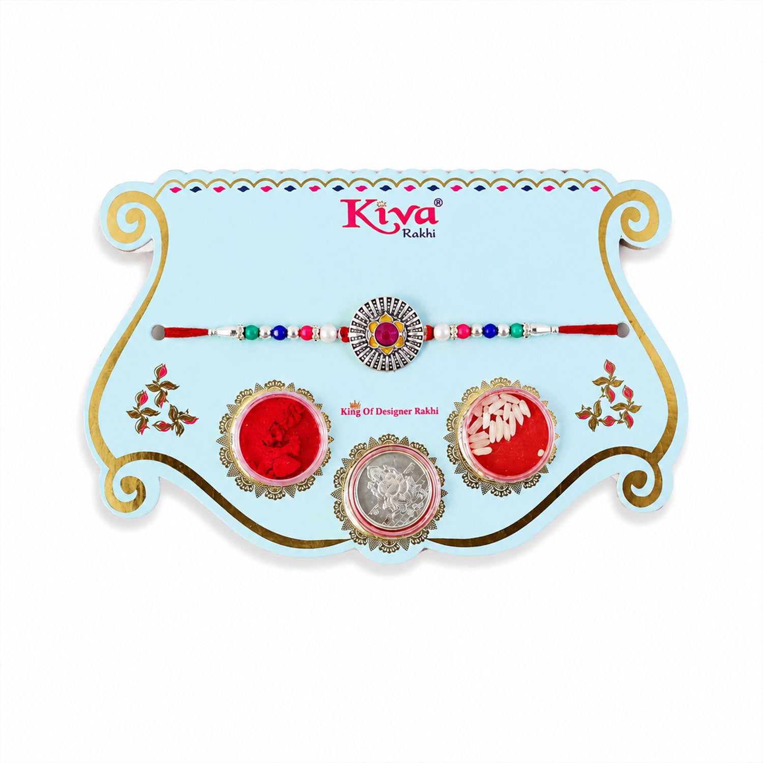 Sunburst Stone Rakhi with Magenta Centre, Pearl Beads, Roli Chawal Coin and Card Packing